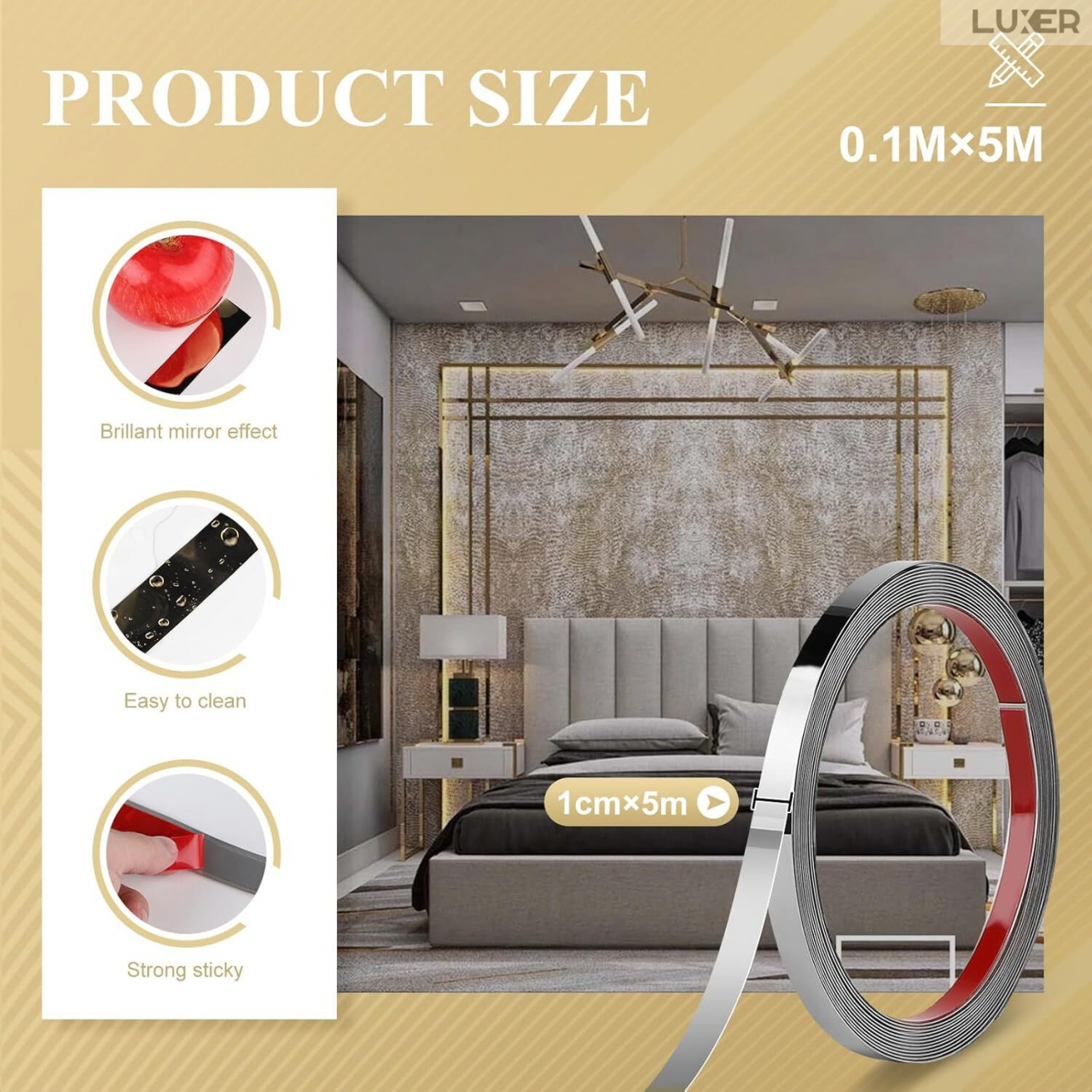 Banda Decorativa Autoadeziva Pentru Perete Cu Efect de Oglinda Luxer, Lungime 500 cm, Latime 1 cm, Silver, Banda Adeziva Metalica Pentru Mobila/Usi/Ferestre pentru Decor Dedeman Leroy Merlin Emag Gresie/Faianta Luxer [11]