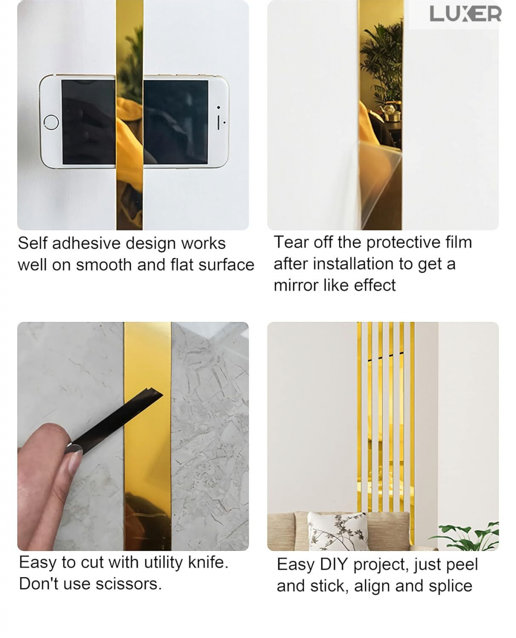 Banda Decorativa Autoadeziva Pentru Perete Cu Efect de Oglinda Luxer, Lungime 500 cm, Latime 2 cm, Gold, Banda Adeziva Metalica Pentru Mobila/Usi/Ferestre pentru Decor Dedeman Leroy Merlin Emag Gresie/Faianta Luxer [12]