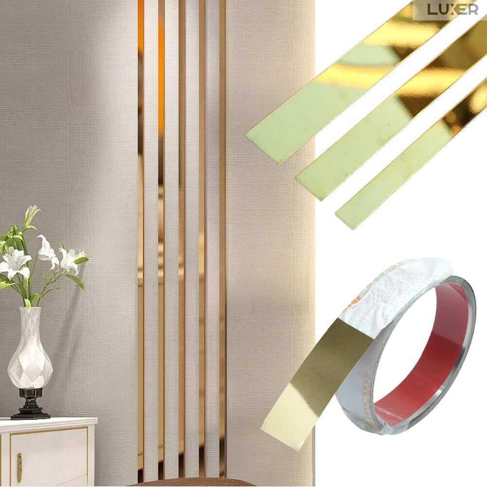 Banda Decorativa Autoadeziva Pentru Perete Cu Efect de Oglinda Luxer, Lungime 500 cm, Latime 3 cm, Gold, Banda Adeziva Metalica Pentru Mobila/Usi/Ferestre pentru Decor Dedeman Leroy Merlin Emag Gresie/Faianta Luxer [4]