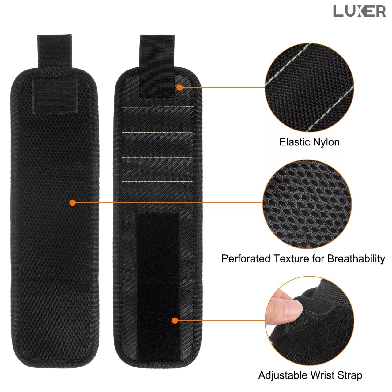 Brățară magnetică Luxer pentru susținerea șuruburilor, uneltelor, cuielor și burghielor, cu 15 magneți puternici neodim, reglabilă și confortabilă, ideală pentru bricolaj și reparații. [11]