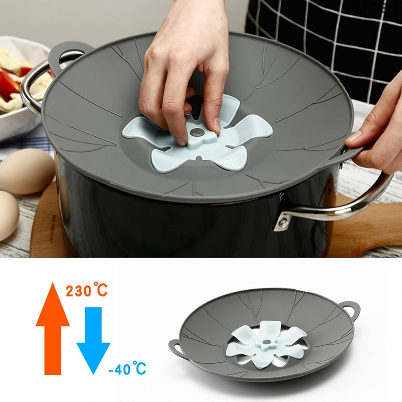 Capac din Silicon pentru Oala cu Orificiu Abur, Sistem Inteligent Antiscurgere, Marime Universala, Diametru 26 cm, 2 Manere, Rezistent intre -40 si 230 °C, Functie Gatire la Aburi, Gri, Luxer [8]