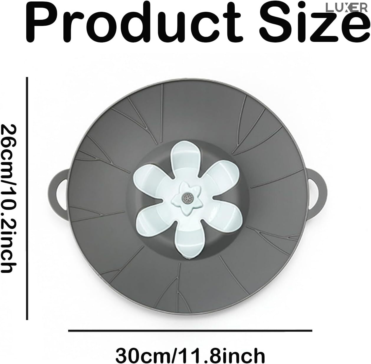 Capac din Silicon pentru Oala cu Orificiu Abur, Sistem Inteligent Antiscurgere, Marime Universala, Diametru 26 cm, 2 Manere, Rezistent intre -40 si 230 °C, Functie Gatire la Aburi, Gri, Luxer [10]