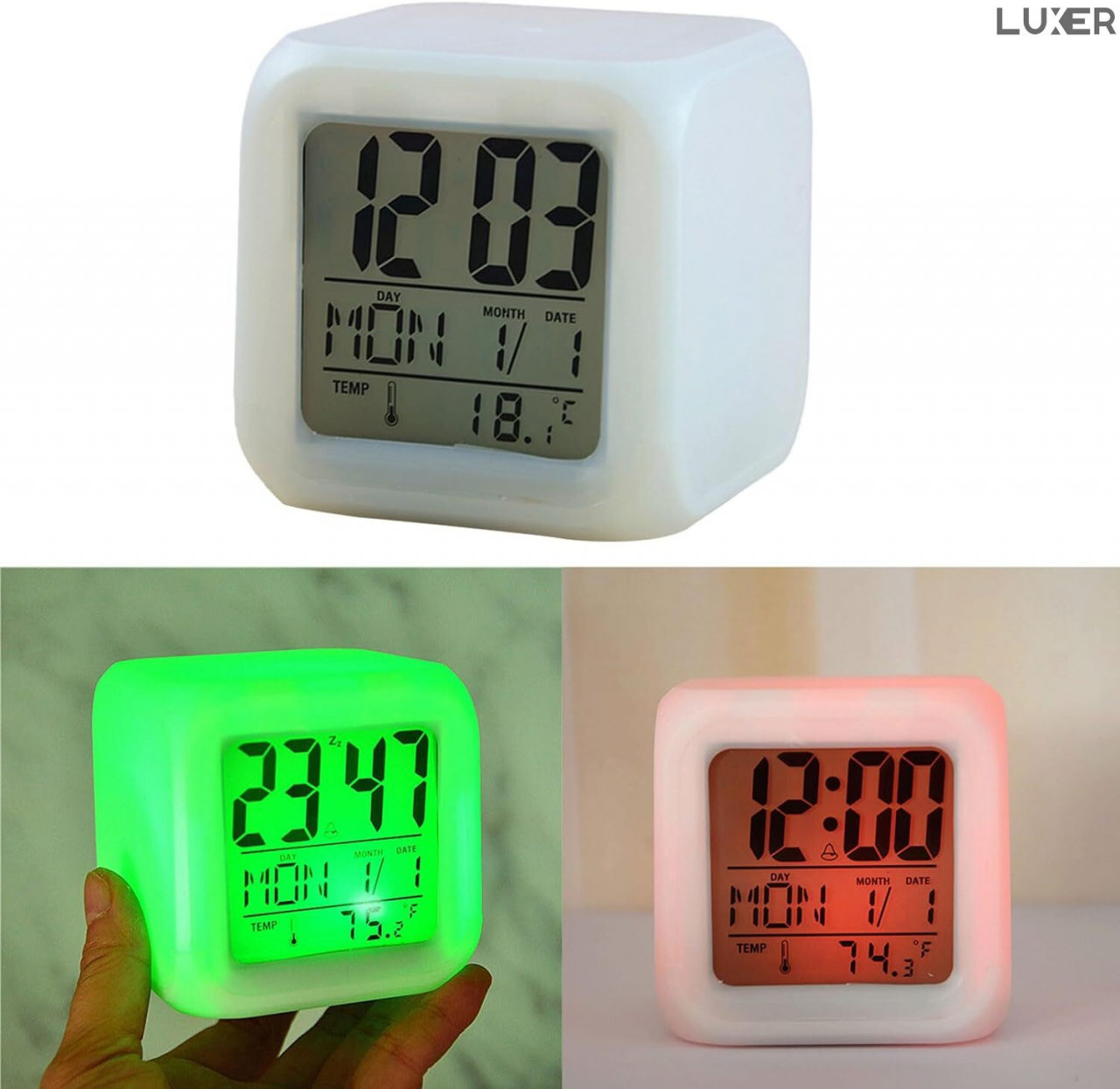Ceas Digital pentru Masa/Birou/Noptiera, Multifunctional, cu Termometru si Alarma, Multiple Culori, Dimensiuni 8x8x8 cm, Luxer [9]