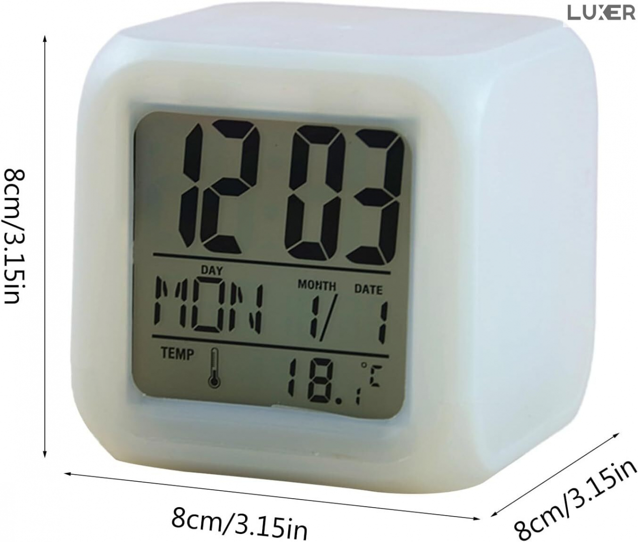Ceas Digital pentru Masa/Birou/Noptiera, Multifunctional, cu Termometru si Alarma, Multiple Culori, Dimensiuni 8x8x8 cm, Luxer [12]