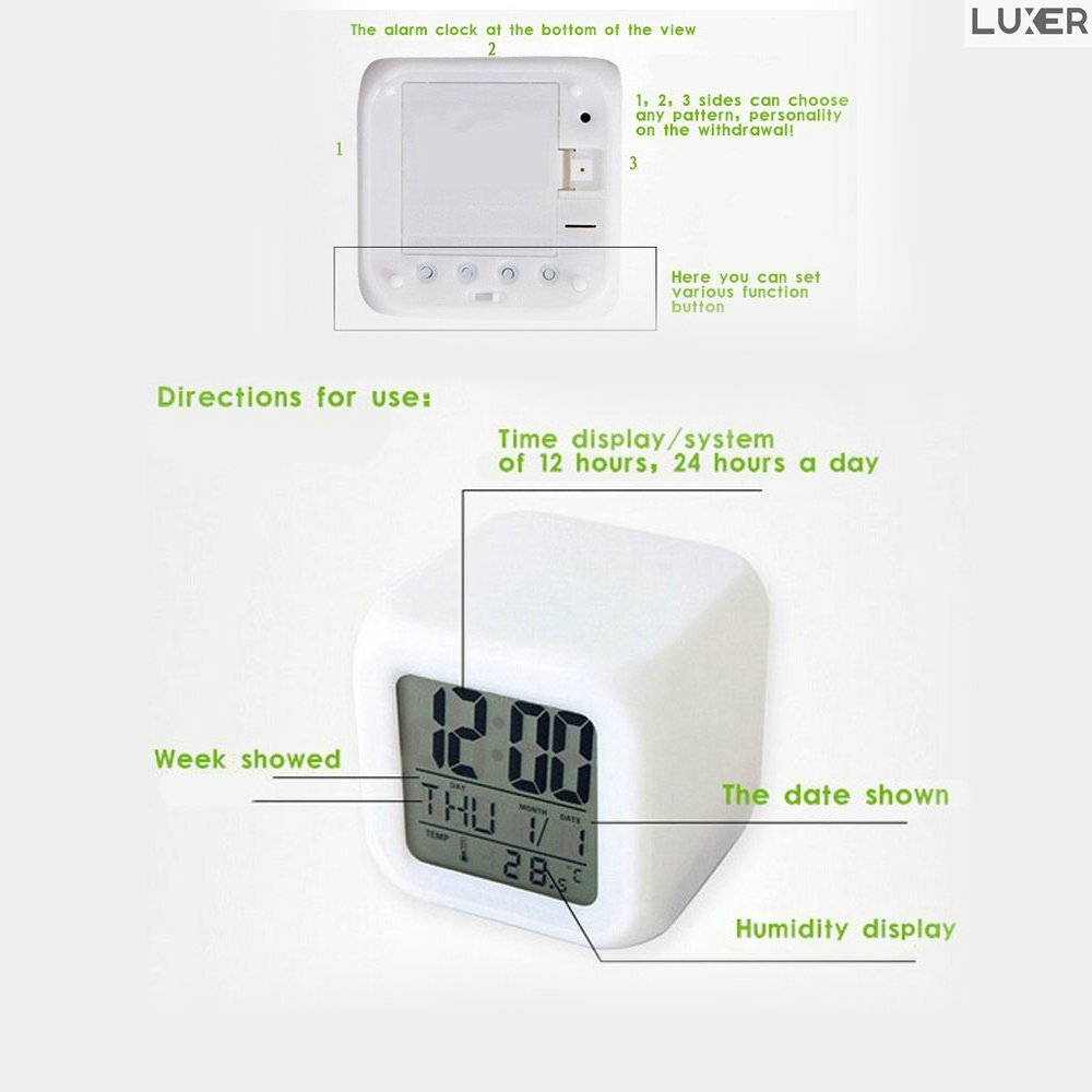 Ceas Digital pentru Masa/Birou/Noptiera, Multifunctional, cu Termometru si Alarma, Multiple Culori, Dimensiuni 8x8x8 cm, Luxer [10]