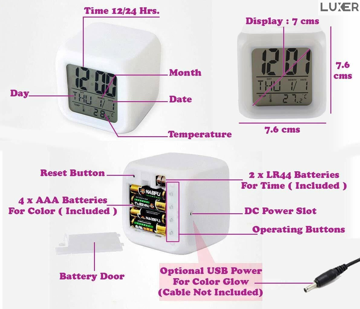 Ceas Digital pentru Masa/Birou/Noptiera, Multifunctional, cu Termometru si Alarma, Multiple Culori, Dimensiuni 8x8x8 cm, Luxer [6]