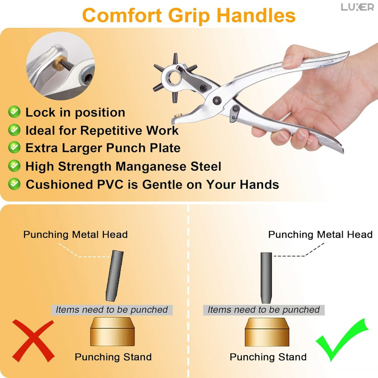Cleste Perforator Pentru Facut Gauri La Curele, Genti, Pantofi, Zgarzi sau Alte Proiecte de Bricolaj, Cap Rotativ Pentru 6 Dimensiuni de Gauri, Functie Capsare si Nituire, 23 cm, Argintiu, Luxer [7]