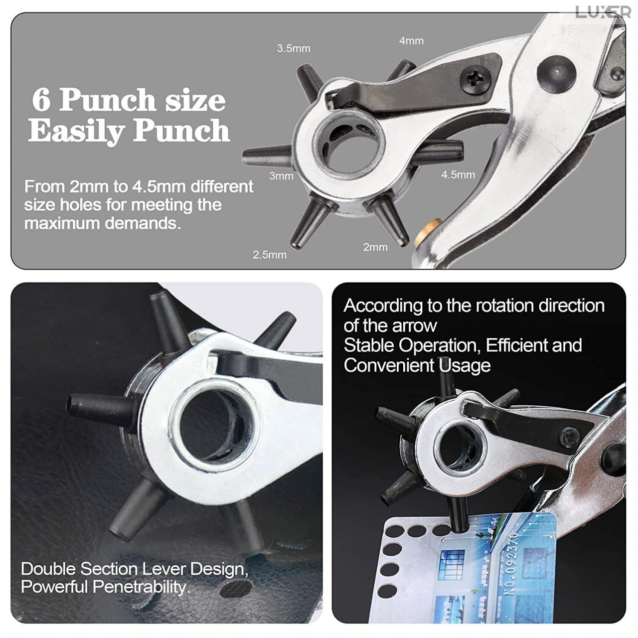 Cleste Perforator Pentru Facut Gauri La Curele, Genti, Pantofi, Zgarzi sau Alte Proiecte de Bricolaj, Cap Rotativ Pentru 6 Dimensiuni de Gauri, Functie Capsare si Nituire, 23 cm, Argintiu, Luxer [11]