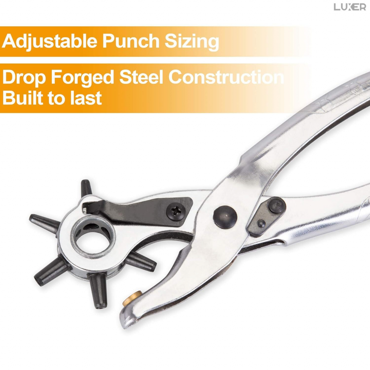 Cleste Perforator Pentru Facut Gauri La Curele, Genti, Pantofi, Zgarzi sau Alte Proiecte de Bricolaj, Cap Rotativ Pentru 6 Dimensiuni de Gauri, Functie Capsare si Nituire, 23 cm, Argintiu, Luxer [6]