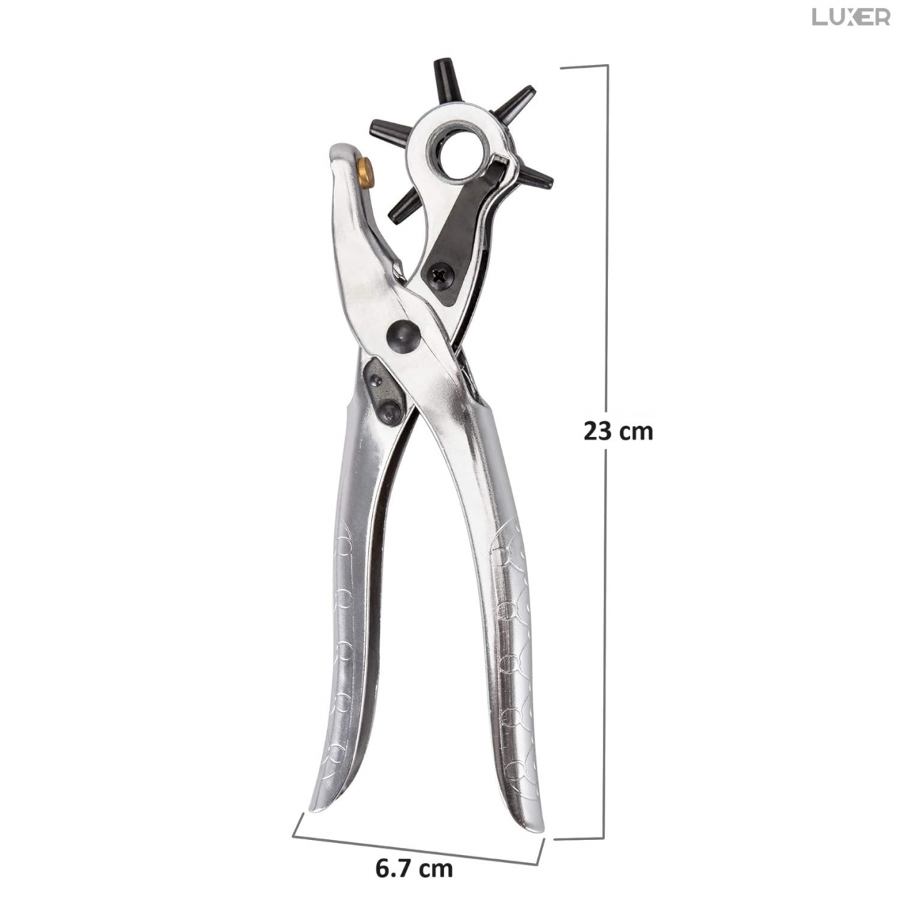 Cleste Perforator Pentru Facut Gauri La Curele, Genti, Pantofi, Zgarzi sau Alte Proiecte de Bricolaj, Cap Rotativ Pentru 6 Dimensiuni de Gauri, Functie Capsare si Nituire, 23 cm, Argintiu, Luxer [12]