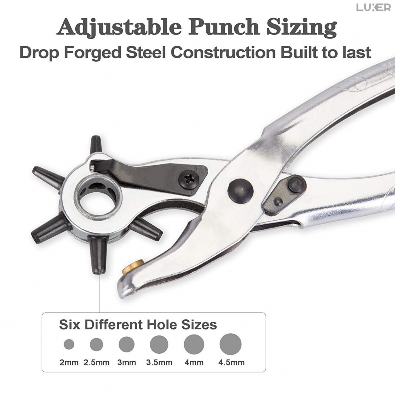 Cleste Perforator Pentru Facut Gauri La Curele, Genti, Pantofi, Zgarzi sau Alte Proiecte de Bricolaj, Cap Rotativ Pentru 6 Dimensiuni de Gauri, Functie Capsare si Nituire, 23 cm, Argintiu, Luxer [2]