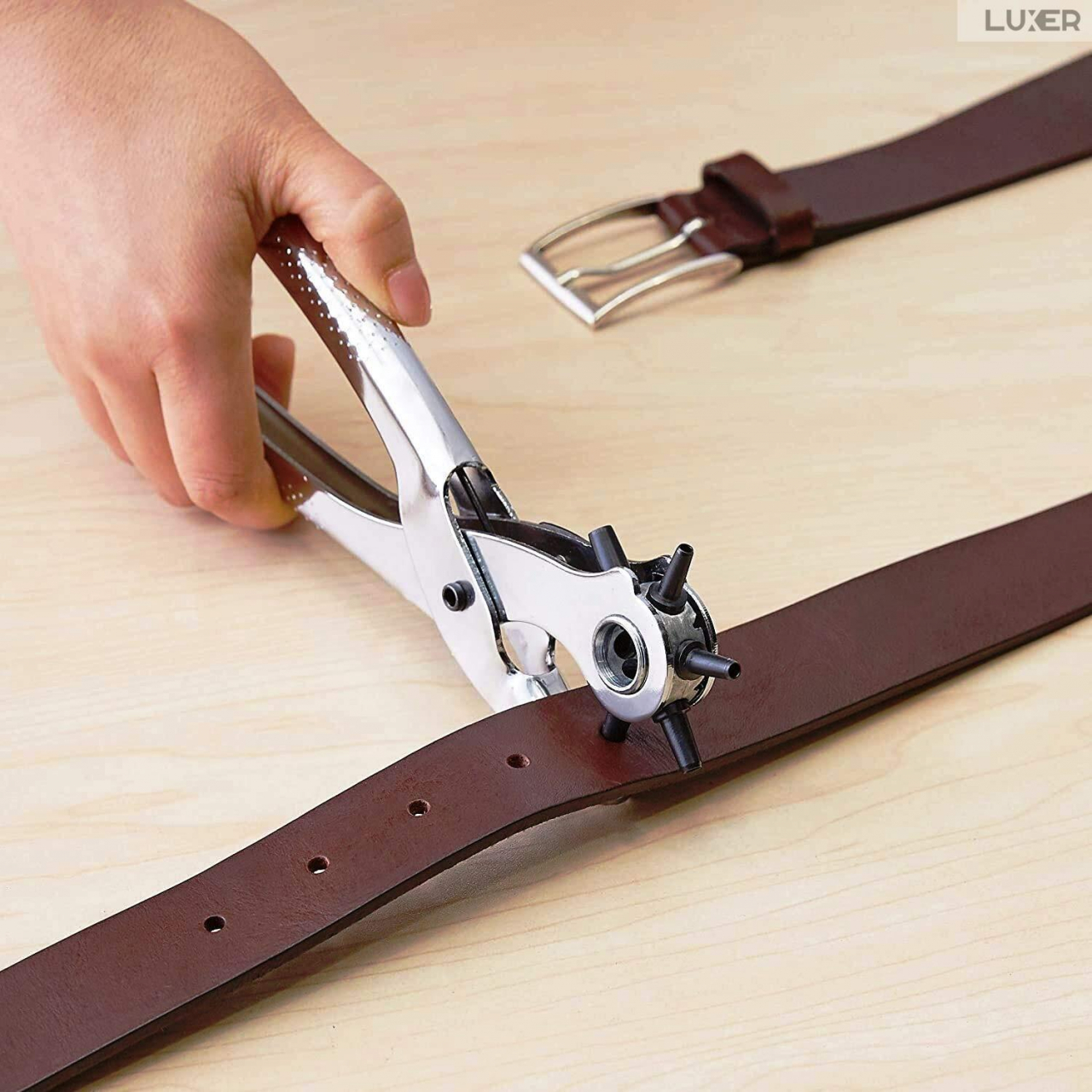 Cleste Perforator Pentru Facut Gauri La Curele, Genti, Pantofi, Zgarzi sau Alte Proiecte de Bricolaj, Cap Rotativ Pentru 6 Dimensiuni de Gauri, Functie Capsare si Nituire, 23 cm, Argintiu, Luxer [1]