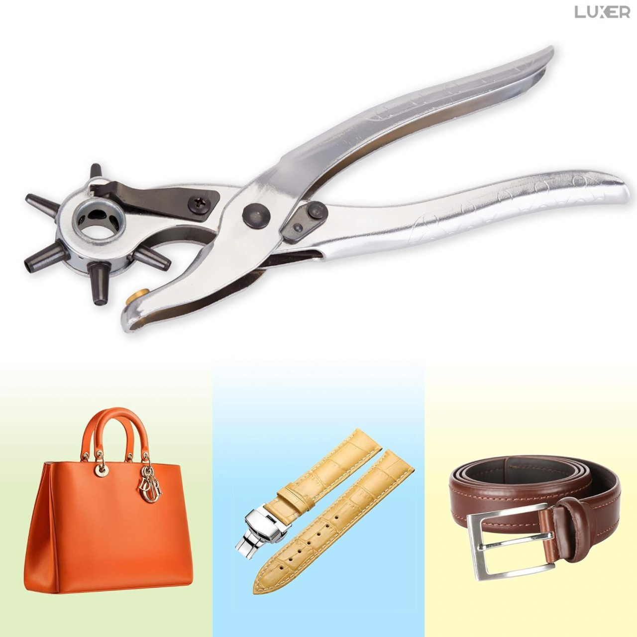 Cleste Perforator Pentru Facut Gauri La Curele, Genti, Pantofi, Zgarzi sau Alte Proiecte de Bricolaj, Cap Rotativ Pentru 6 Dimensiuni de Gauri, Functie Capsare si Nituire, 23 cm, Argintiu, Luxer [5]