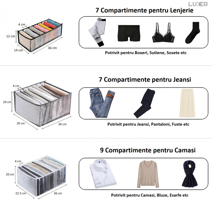 Cutie Tip Organizator de Haine si Lenjerie cu 7 Compartimente Luxer, Dimensiuni 36x14x12 cm, Alb, organizator haine bebelusi copii adulti pliabil ikea pepco dedeman jysk jumbo pentru calatorie bagaj sertar dulap dormitor emag leroy merlin luxer [9]