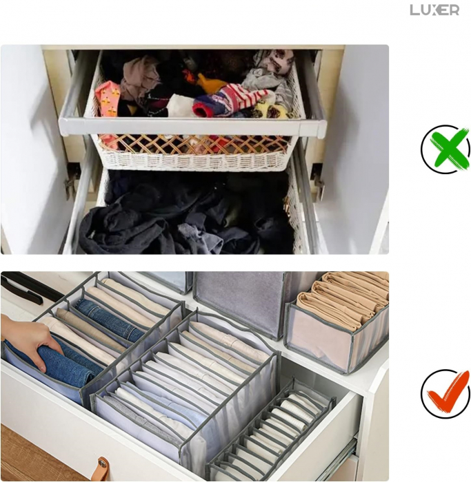Cutie Tip Organizator de Haine si Lenjerie cu 7 Compartimente Luxer, Dimensiuni 36x14x12 cm, Gri, organizator haine bebelusi copii adulti pliabil ikea pepco dedeman jysk jumbo pentru calatorie bagaj sertar dulap dormitor emag leroy merlin luxer [5]