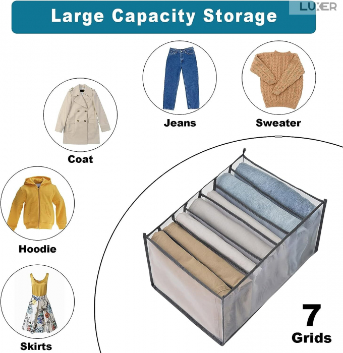 Cutie Tip Organizator de Haine si Lenjerie cu 7 Compartimente Luxer, Dimensiuni 36x14x12 cm, Gri, organizator haine bebelusi copii adulti pliabil ikea pepco dedeman jysk jumbo pentru calatorie bagaj sertar dulap dormitor emag leroy merlin luxer [8]