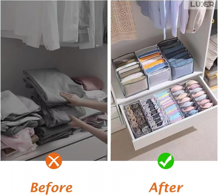Cutie Tip Organizator de Haine si Lenjerie cu 7 Compartimente Luxer, Dimensiuni 36x14x12 cm, Gri, organizator haine bebelusi copii adulti pliabil ikea pepco dedeman jysk jumbo pentru calatorie bagaj sertar dulap dormitor emag leroy merlin luxer [5]