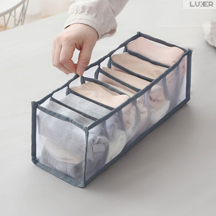 Cutie Tip Organizator de Haine si Lenjerie cu 7 Compartimente Luxer, Dimensiuni 36x14x12 cm, Gri, organizator haine bebelusi copii adulti pliabil ikea pepco dedeman jysk jumbo pentru calatorie bagaj sertar dulap dormitor emag leroy merlin luxer [2]