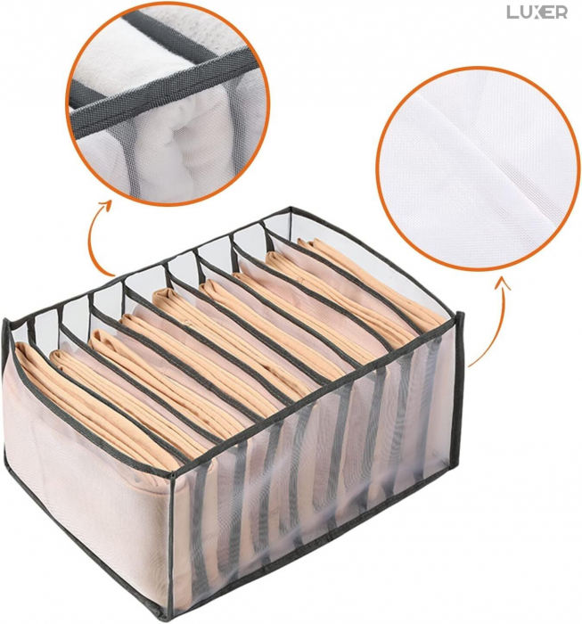 Cutie Tip Organizator de Haine si Lenjerie cu 7 Compartimente Luxer, Dimensiuni 36x14x12 cm, Gri, organizator haine bebelusi copii adulti pliabil ikea pepco dedeman jysk jumbo pentru calatorie bagaj sertar dulap dormitor emag leroy merlin luxer [8]