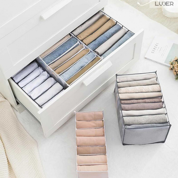 Cutie Tip Organizator de Haine si Lenjerie cu 7 Compartimente Luxer, Dimensiuni 36x14x12 cm, Gri, organizator haine bebelusi copii adulti pliabil ikea pepco dedeman jysk jumbo pentru calatorie bagaj sertar dulap dormitor emag leroy merlin luxer [3]