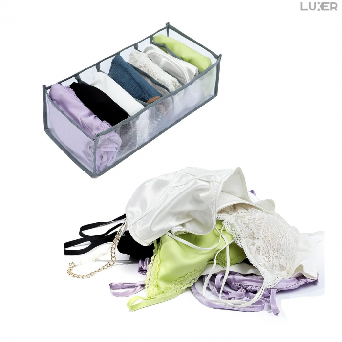 Cutie Tip Organizator de Haine si Lenjerie cu 7 Compartimente Luxer, Dimensiuni 36x14x12 cm, Gri, organizator haine bebelusi copii adulti pliabil ikea pepco dedeman jysk jumbo pentru calatorie bagaj sertar dulap dormitor emag leroy merlin luxer [4]