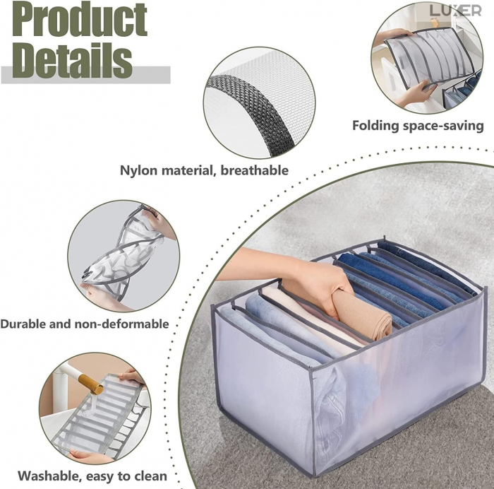 Cutie Tip Organizator de Haine si Lenjerie cu 7 Compartimente Luxer, Dimensiuni 36x14x12 cm, Gri, organizator haine bebelusi copii adulti pliabil ikea pepco dedeman jysk jumbo pentru calatorie bagaj sertar dulap dormitor emag leroy merlin luxer [7]