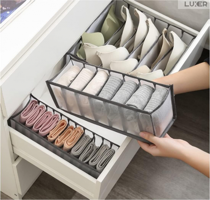 Cutie Tip Organizator de Haine si Lenjerie cu 7 Compartimente Luxer, Dimensiuni 36x14x12 cm, Gri, organizator haine bebelusi copii adulti pliabil ikea pepco dedeman jysk jumbo pentru calatorie bagaj sertar dulap dormitor emag leroy merlin luxer [1]