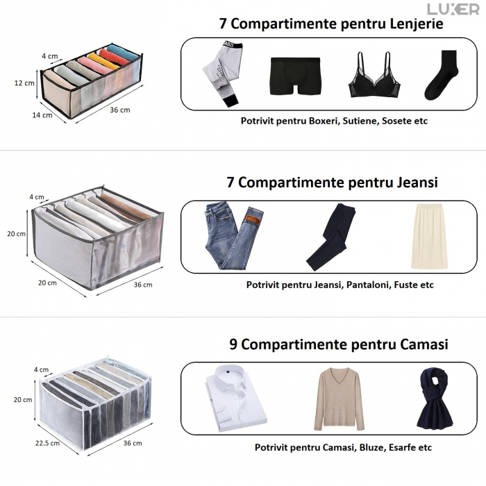 Cutie Tip Organizator de Haine si Lenjerie cu 7 Compartimente Luxer, Dimensiuni 36x14x12 cm, Gri, organizator haine bebelusi copii adulti pliabil ikea pepco dedeman jysk jumbo pentru calatorie bagaj sertar dulap dormitor emag leroy merlin luxer [11]