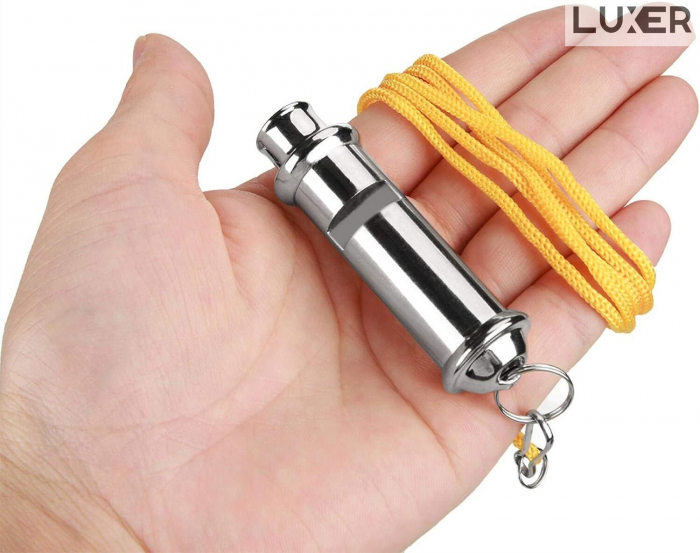 Fluier din Otel pentru Arbitrii, Drumetii, Activitati Fizice, Dresaj animale, Cu Snur, Lungime 8 cm, Argintiu, Luxer, fluier profesional decathlon din otel pentru arbitrii ideal pentru fluierat in timpul activitatilor fizice luxer [2]