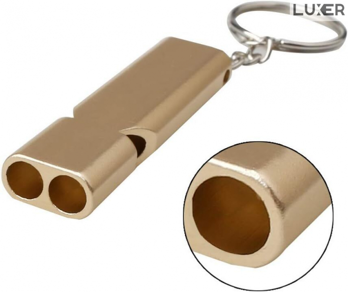 Fluier Dual din Aluminiu pentru Arbitrii, Drumetii, Activitati Fizice, Dresare animale, cu Inel pentru Chei, Tip Breloc, Lungime 6 cm, Negru, Argintiu, Auriu, Luxer pentru fluierat profesional decathlon luxer [12]