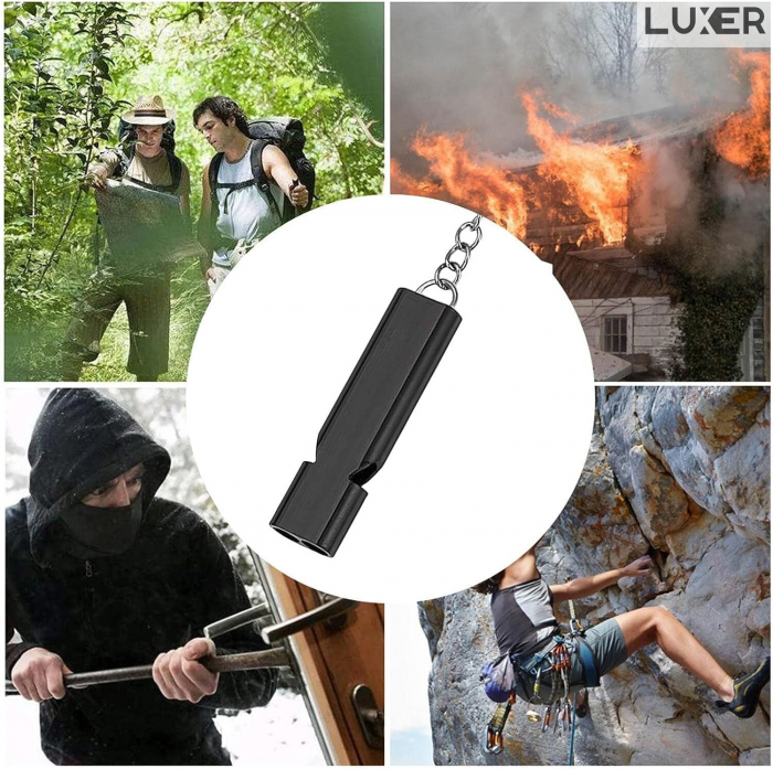 Fluier Dual din Aluminiu pentru Arbitrii, Drumetii, Activitati Fizice, Dresare animale, cu Inel pentru Chei, Tip Breloc, Lungime 6 cm, Negru, Argintiu, Auriu, Luxer pentru fluierat profesional decathlon luxer [9]
