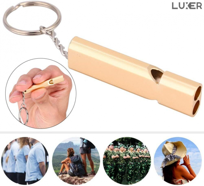 Fluier Dual din Aluminiu pentru Arbitrii, Drumetii, Activitati Fizice, Dresare animale, cu Inel pentru Chei, Tip Breloc, Lungime 6 cm, Negru, Argintiu, Auriu, Luxer pentru fluierat profesional decathlon luxer [8]