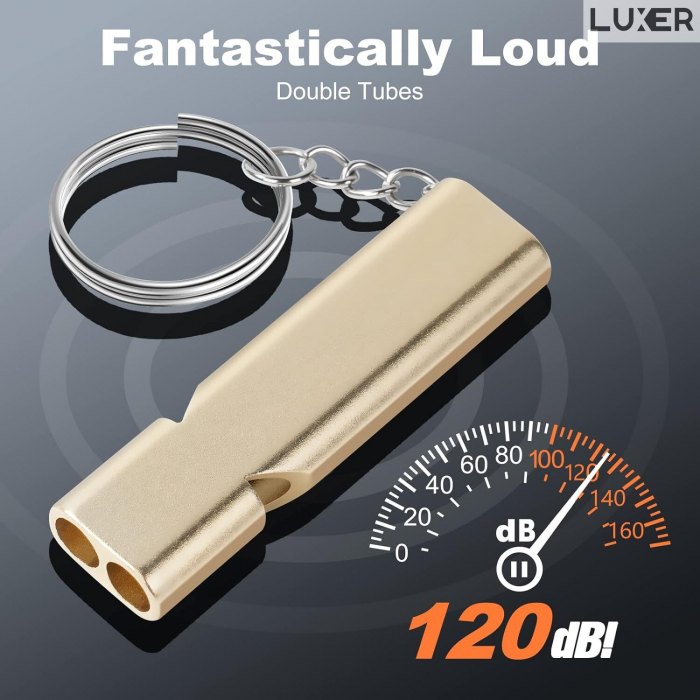 Fluier Dual din Aluminiu pentru Arbitrii, Drumetii, Activitati Fizice, Dresare animale, cu Inel pentru Chei, Tip Breloc, Lungime 6 cm, Negru, Argintiu, Auriu, Luxer pentru fluierat profesional decathlon luxer [4]