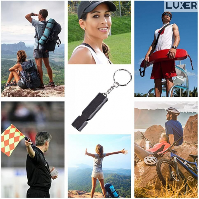 Fluier Dual din Aluminiu pentru Arbitrii, Drumetii, Activitati Fizice, Dresare animale, cu Inel pentru Chei, Tip Breloc, Lungime 6 cm, Negru, Argintiu, Auriu, Luxer pentru fluierat profesional decathlon luxer [3]