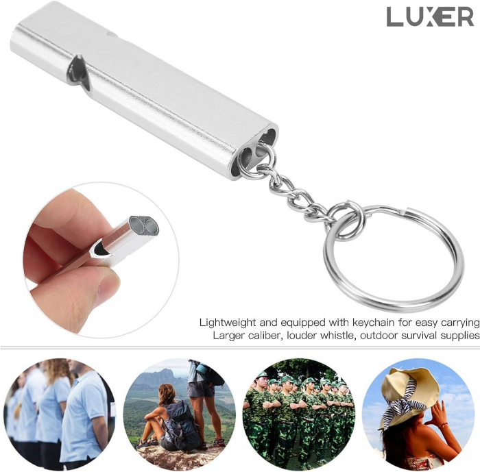 Fluier Dual din Aluminiu pentru Arbitrii, Drumetii, Activitati Fizice, Dresare animale, cu Inel pentru Chei, Tip Breloc, Lungime 6 cm, Negru, Argintiu, Auriu, Luxer pentru fluierat profesional decathlon luxer [7]