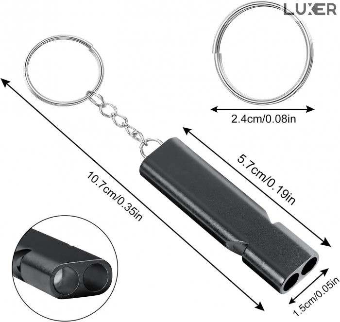 Fluier Dual din Aluminiu pentru Arbitrii, Drumetii, Activitati Fizice, Dresare animale, cu Inel pentru Chei, Tip Breloc, Lungime 6 cm, Negru, Argintiu, Auriu, Luxer pentru fluierat profesional decathlon luxer [11]