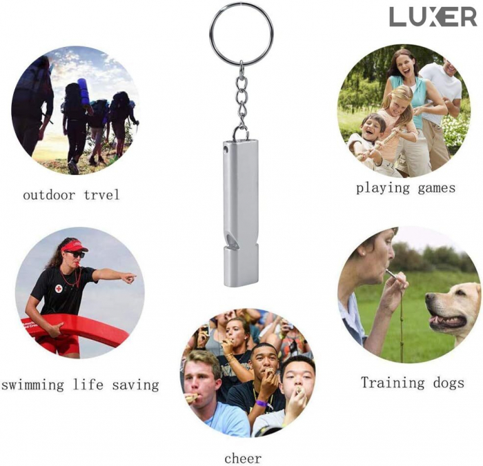 Fluier Dual din Aluminiu pentru Arbitrii, Drumetii, Activitati Fizice, Dresare animale, cu Inel pentru Chei, Tip Breloc, Lungime 6 cm, Negru, Argintiu, Auriu, Luxer pentru fluierat profesional decathlon luxer [5]