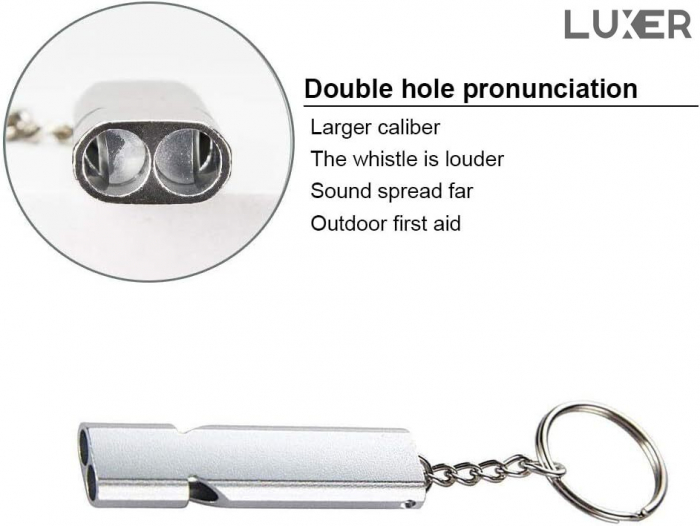Fluier Dual din Aluminiu pentru Arbitrii, Drumetii, Activitati Fizice, Dresare animale, cu Inel pentru Chei, Tip Breloc, Lungime 6 cm, Negru, Argintiu, Auriu, Luxer pentru fluierat profesional decathlon luxer [11]
