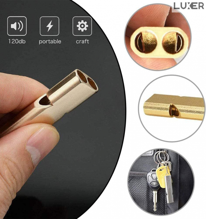 Fluier Dual din Aluminiu pentru Arbitrii, Drumetii, Activitati Fizice, Dresare animale, cu Inel pentru Chei, Tip Breloc, Lungime 6 cm, Negru, Argintiu, Auriu, Luxer pentru fluierat profesional decathlon luxer [3]