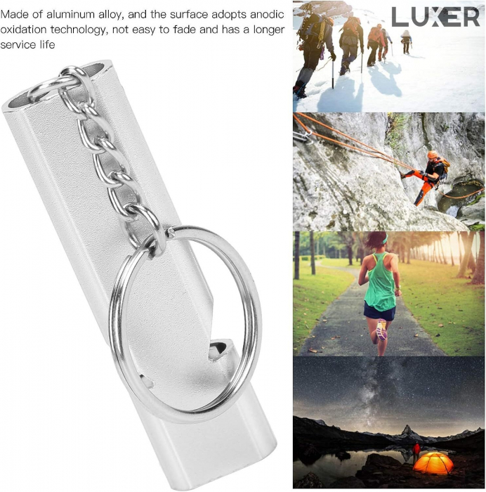 Fluier Dual din Aluminiu pentru Arbitrii, Drumetii, Activitati Fizice, Dresare animale, cu Inel pentru Chei, Tip Breloc, Lungime 6 cm, Negru, Argintiu, Auriu, Luxer pentru fluierat profesional decathlon luxer [4]