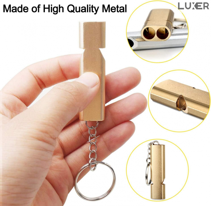 Fluier Dual din Aluminiu pentru Arbitrii, Drumetii, Activitati Fizice, Dresare animale, cu Inel pentru Chei, Tip Breloc, Lungime 6 cm, Negru, Argintiu, Auriu, Luxer pentru fluierat profesional decathlon luxer [9]
