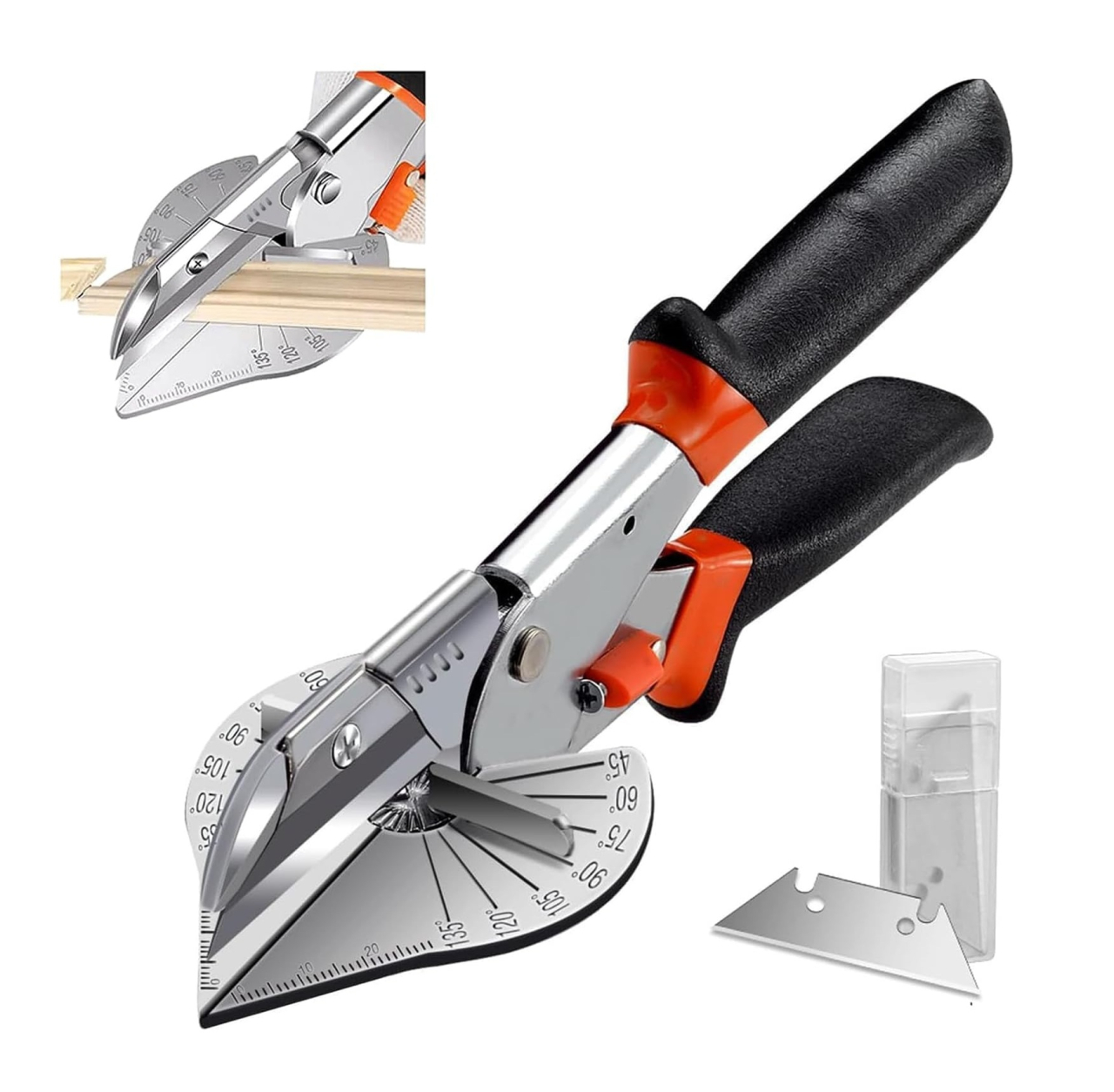 Foarfecă din oțel inoxidabil Luxer cu unghi reglabil 45°–135°, pentru tăiere plinte, PVC și lemn moale, include 2 lame de rezervă și mâner ergonomic antiderapant. [1]