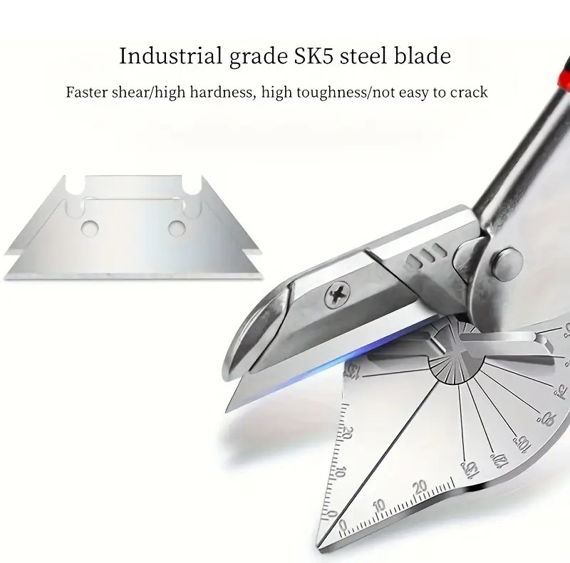 Foarfecă din oțel inoxidabil Luxer cu unghi reglabil 45°–135°, pentru tăiere plinte, PVC și lemn moale, include 2 lame de rezervă și mâner ergonomic antiderapant. [2]