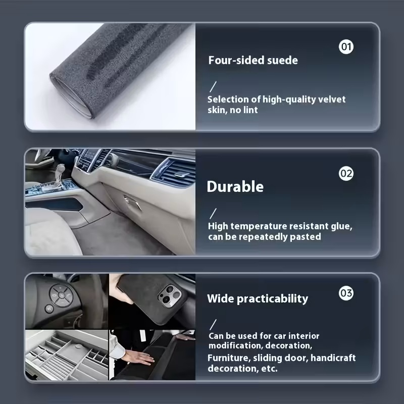 Folie autoadezivă Luxer din piele întoarsă sintetică tip Alcantara, culoare gri, pentru interior auto, mobilă și decor DIY, textură catifelată mată, dimensiuni 150x40 cm. [3]