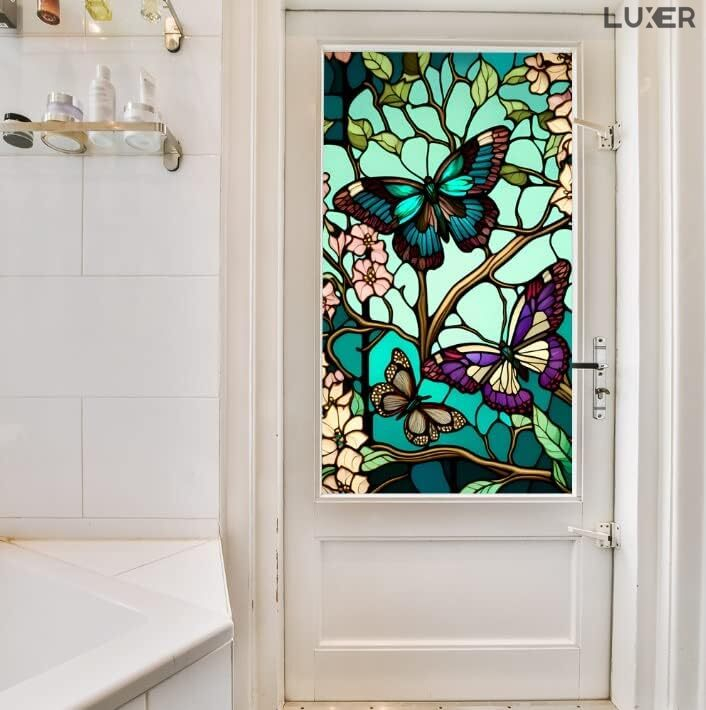 Folie autoadezivă pentru geamuri Luxer cu efect de vitraliu, model fluturi și flori, oferă protecție solară UV și intimitate 80%. [6]