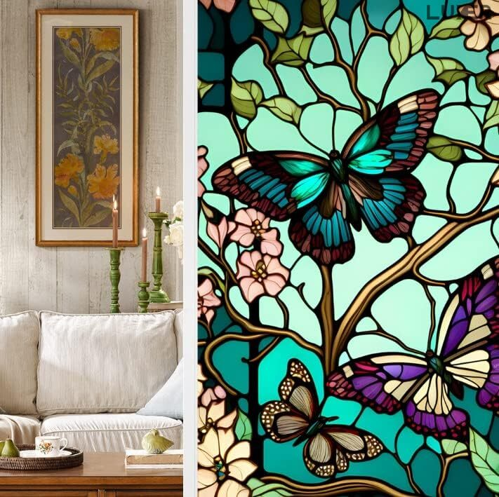 Folie autoadezivă pentru geamuri Luxer cu efect de vitraliu, model fluturi și flori, oferă protecție solară UV și intimitate 80%. [4]