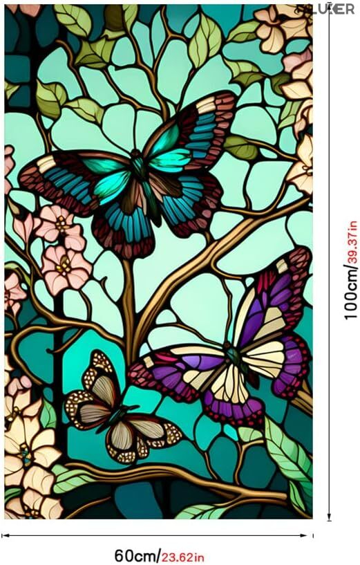 Folie autoadezivă pentru geamuri Luxer cu efect de vitraliu, model fluturi și flori, oferă protecție solară UV și intimitate 80%. [8]