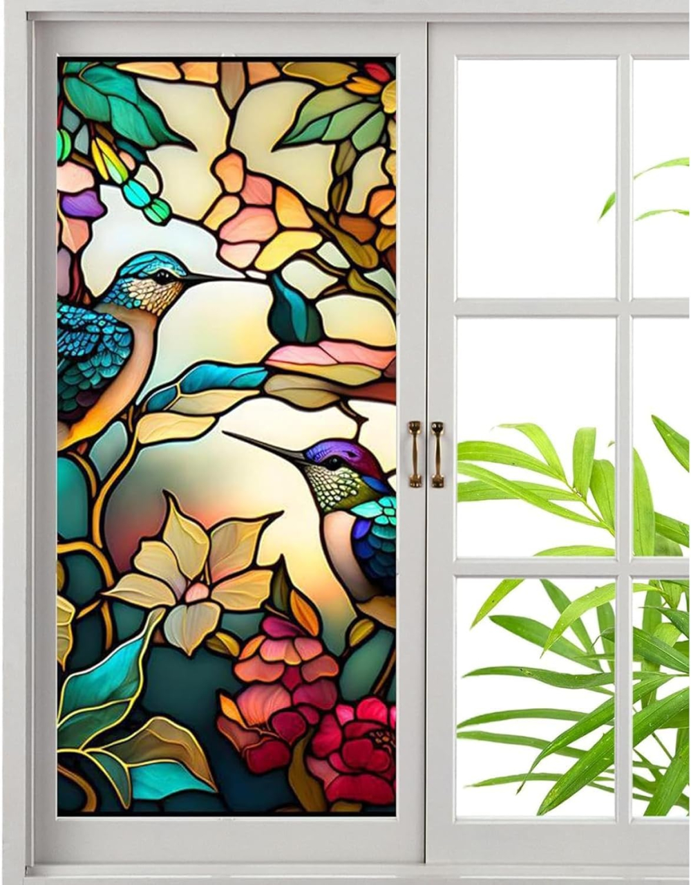 Folie autoadezivă pentru geamuri Luxer cu efect de vitraliu, Model Pasarea Colibry, oferă protecție solară UV și intimitate 80%. [1]