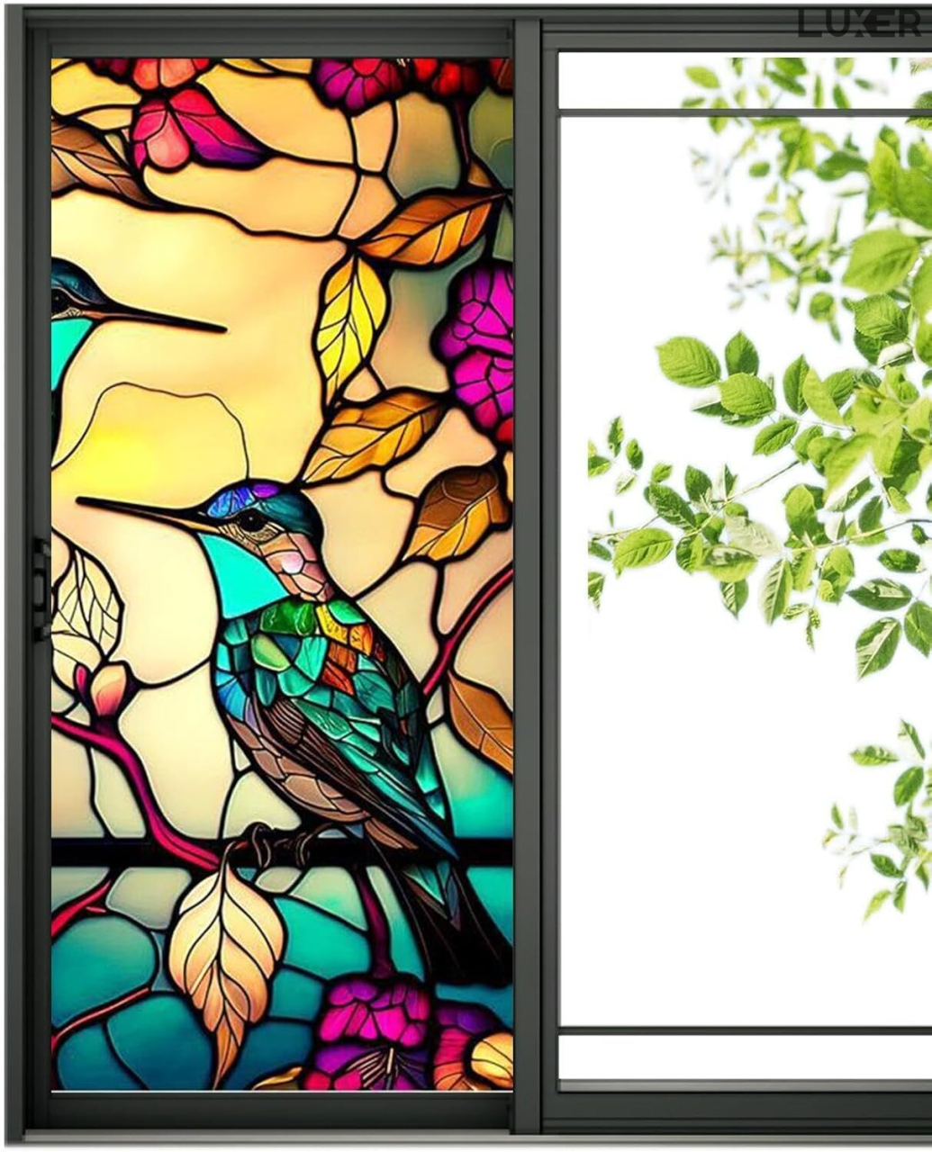 Folie autoadezivă pentru geamuri Luxer cu efect de vitraliu, Model Pasarea Privighetoare, oferă protecție solară UV și intimitate 80%. [5]