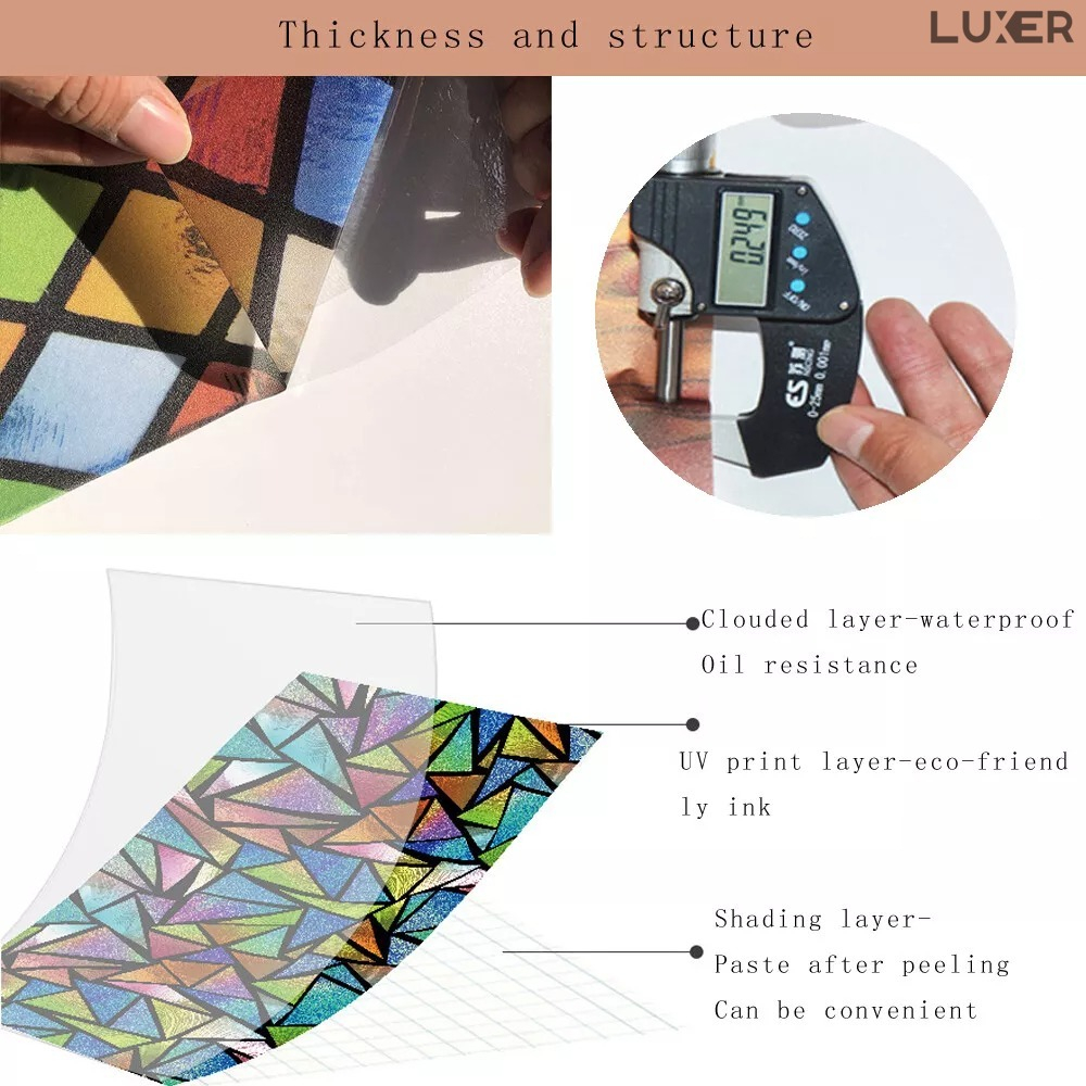 Folie autoadezivă pentru geamuri Luxer cu efect de vitraliu, Model Pasarea Privighetoare, oferă protecție solară UV și intimitate 80%. [9]